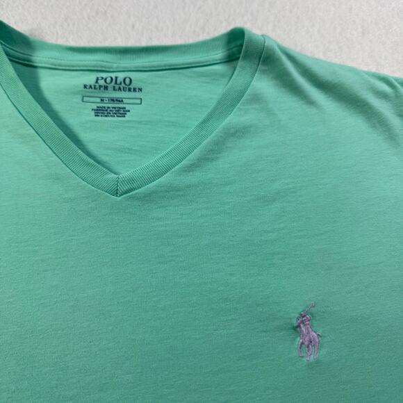 Polo Ralph Lauren V Neck Shirt Green with Purple Pony Size Medium - Picture 1 of 11